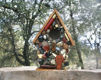 Old West Birdhouse with Bullet Casings Cow Skulls Howling Coyote Cactus and Colorful River Stones