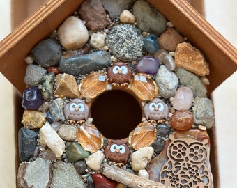 Multi Colored Stone Mosaic Birdhouse for Outdoors or Indoors, Covered in Owls, Colorful Agates and River Rocks