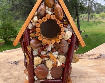 Rustic Birdhouse with Agates Acorns Manzanita Twigs  Brown White Bird Nesting Box Gift for Dad