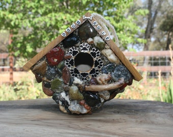 Outdoor Stone Birdhouse + Gift For Dog Lover + Dogs Rule +