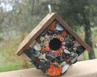 Stone Birdhouse, Flower Power, Mosaic Yard Art, Functional One of A Kind Birdhouses