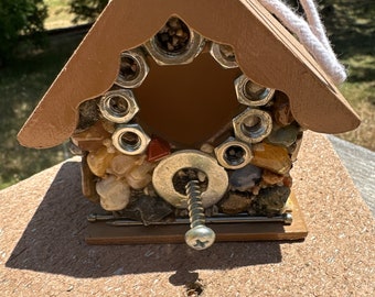 Small Birdhouse Fathers Day Gift with  Nuts Bolt Keys Bottle Cap and Colorful Stones