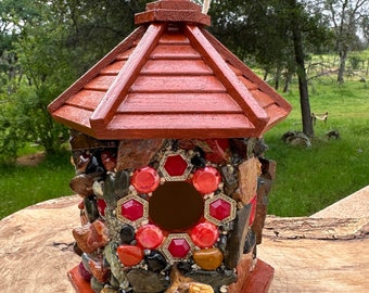 Outdoor Mosaic Stone Birdhouse Colorful Stones Agates and Red Beads Hexagon Hanging House