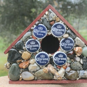 Stone Birdhouse with Colorful River Stones, Bright Agates, Beer Bottle Caps, House for Wrens Sparrows