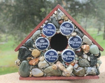 Stone Mosaic Birdhouse with Colorful Stones, Agates, Beer Bottle Caps, House for Wrens Sparrows