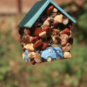 Miniature blue VW Beetle birdhouse, Hanging outdoor yard art dad will love, Stone Birdhouse
