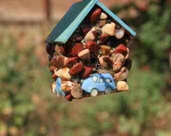 Miniature blue VW Beetle birdhouse, Hanging outdoor yard art dad will love, Stone Birdhouse