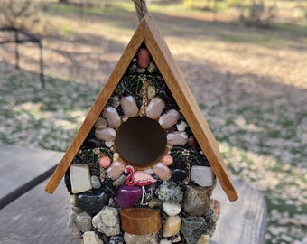 Stone Covered Birdhouse with Pink Flamingos Palm Trees Colorful Agates and Bright River Stones Hangin Bird House