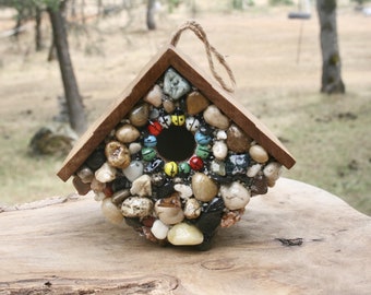 Garden Lovers Gift Birdhouse, Polished Stones,  Glass Ladybugs, Hanging Wren House