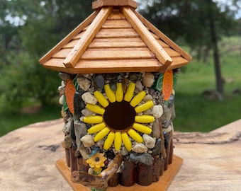 Mosaic Stone Birdhouse Yellow and Orange Flowers Oak Stained Roof Colorful Agates