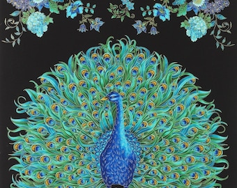 Timeless Treasures Morning Glory Bird Birdhouse Black Blue 23/" Fabric Panel