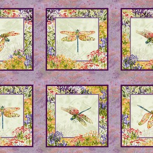 May include: A fabric panel featuring six square images of dragonflies in a garden setting. Each square has a dragonfly in the center, surrounded by flowers and foliage. The background is a soft lavender color with a floral border.