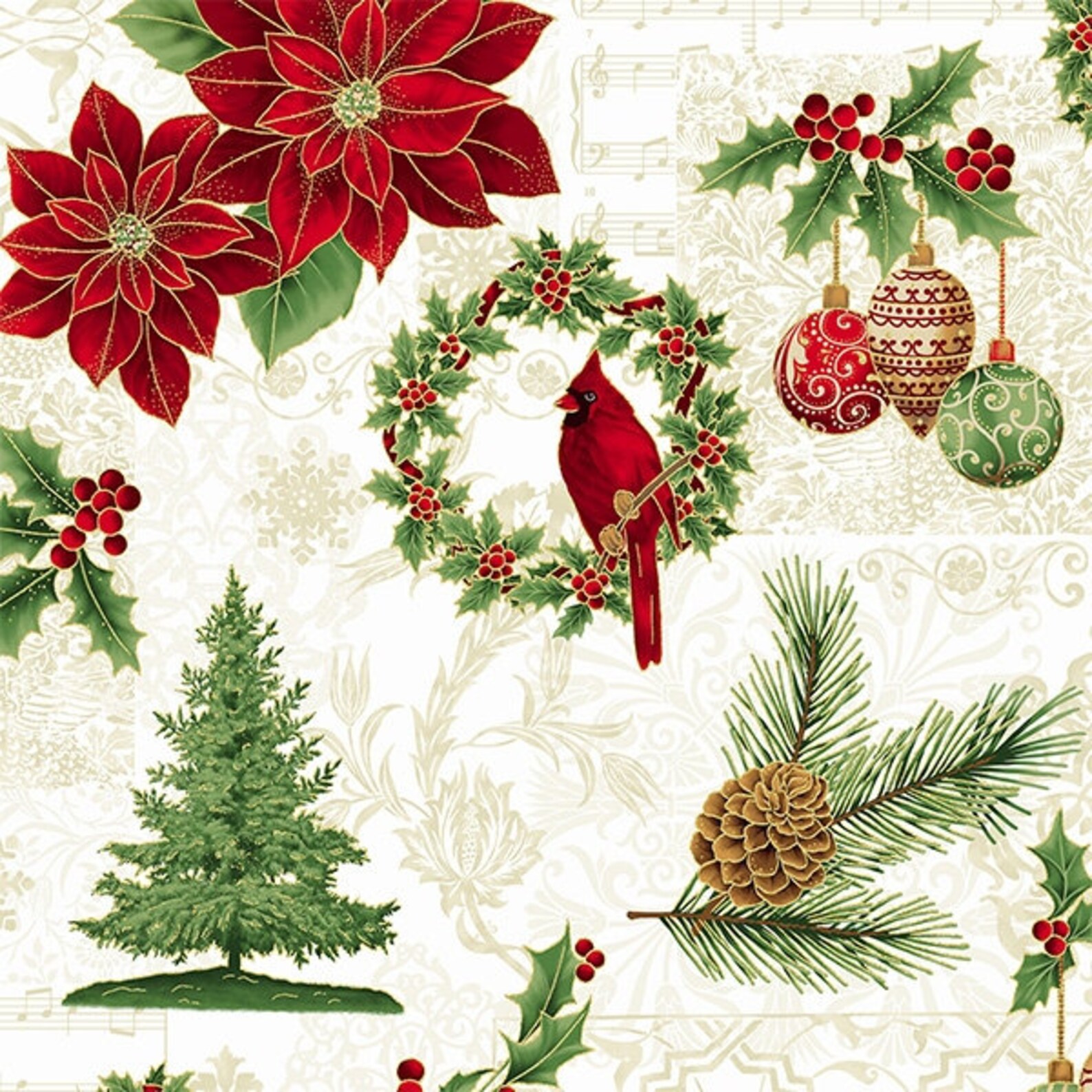 Christmas Fabric Hoffman Joyful Traditions Metallic Tree Holly Pine