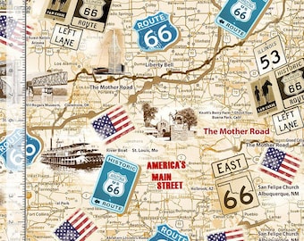 Travel Fabric | Route 66 Traffic Signs on Beige Map | Timeless Treasures YARD