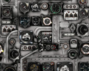 3 Wishes Fabric | First Flight Airplane Cockpit Control Gauge Gray | YARD