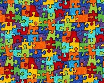 Kids Fabric - Autism Rainbow Colorful Puzzle Pieces - Timeless Treasures YARD