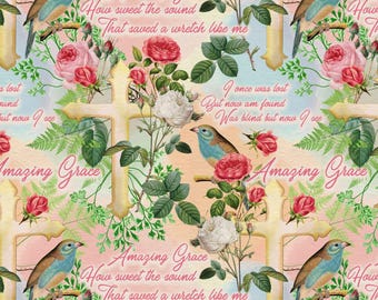 Religious Fabric | David Textiles Digital Amazing Grace Flower & Bird | Yard