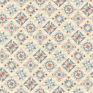 May include: A repeating geometric pattern featuring diamond-shaped quilt blocks arranged in a grid. Each block contains a star motif composed of triangles in shades of dusty rose, slate blue, and cream, set against a light wood grain background.