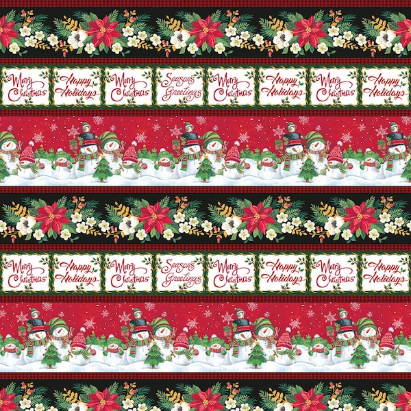 Christmas Fabric | Feeling Frosty Snowman Poinsettia Word Stripe | Blank YARD