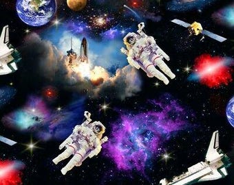 Space Fabric - Astronaut Shuttle Planet Star Black - Elizabeth's Studio YARD