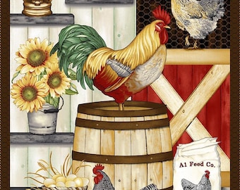 24" Fabric Panel | Henry Glass Chicken Shack Hen Barn Scene Brown