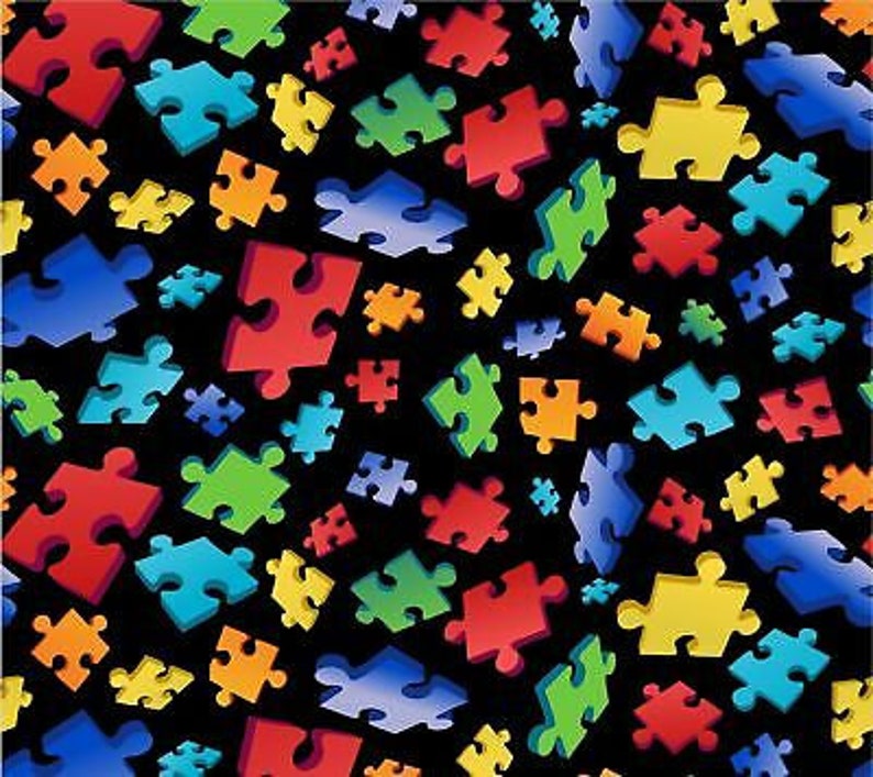 Autism Awareness Fabric Digital Multi Puzzle Piece Black Etsy