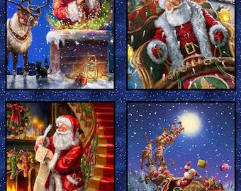 36" Fabric Panel | 3 Wishes Christmas Eve Journey Santa Claus Reindeer Scene