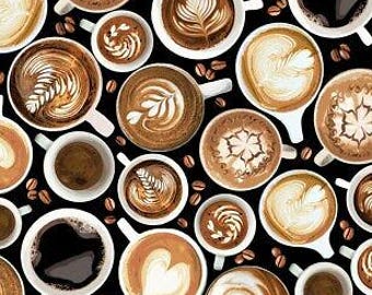 Food Fabric - Coffee Cup Latte Art Black C7257 - Timeless Treasures YARD