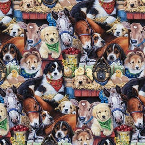 Animal Fabric | Puppy Dog Cow Chick Barn Packed | David Textiles YARD
