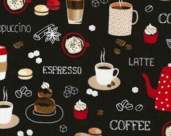 Coffee Fabric - Mugs Beans Carafes Red Black - Timeless Treasures YARD