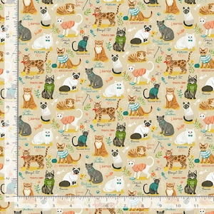 Animal Fabric | Cat Breeds on Beige | Timeless Treasures YARD