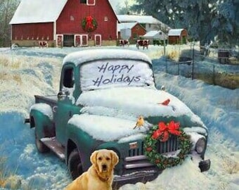 35" Fabric Panel - David Textiles Digital Christmas Truck Dog Barn Scene