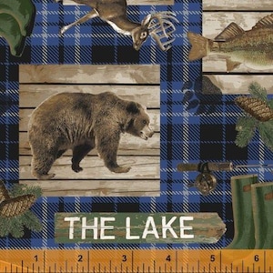 Lodge Fabric | Windham Lake House Animal Collage Blue Plaid Print YARD