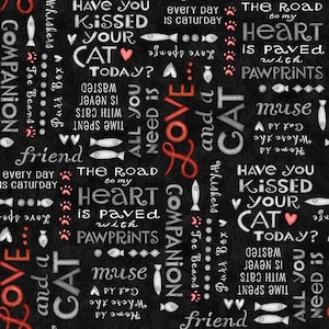 Animal Fabric | Love & A Cat Pet Word Patch Gray Black | Henry Glass YARD