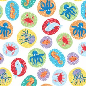 Nautical Fabric | Seas Day Octopus Fish Seahorse Toss White | Studio E YARD