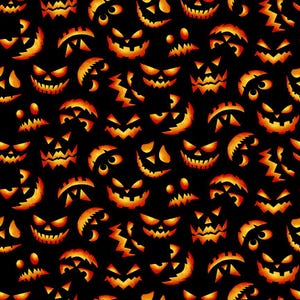 Halloween Fabric | Ball Jack o Lantern Pumpkin Face Black | Henry Glass YARD