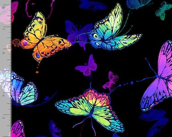 Butterfly Whirlwind Fabric | Digital Toss Bug on Black | Timeless Treasures YARD