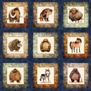 May include: A fabric quilt panel featuring a grid of nine square illustrations of prehistoric and wild animals, including a mammoth, saber-toothed tiger, bison, rhino, sloth, horse, yeti, wolf, and bear, framed by dark blue borders and leaf patterns.