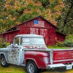 35" Digital Fabric Panel - David Textiles Southern Vintage Barn & Truck Scene