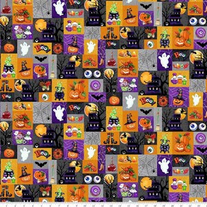 May include: A Halloween-themed fabric with a repeating pattern of orange, purple, gray, and black squares. Each square features pumpkins, ghosts, witch hats, bats, and the word "Boo". The design includes full moons, spiderwebs, and spooky trees.