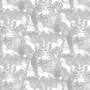 Christmas Fabric | Enchanted Unicorn Snowy Forest Glitter Gray | Northcott YARD