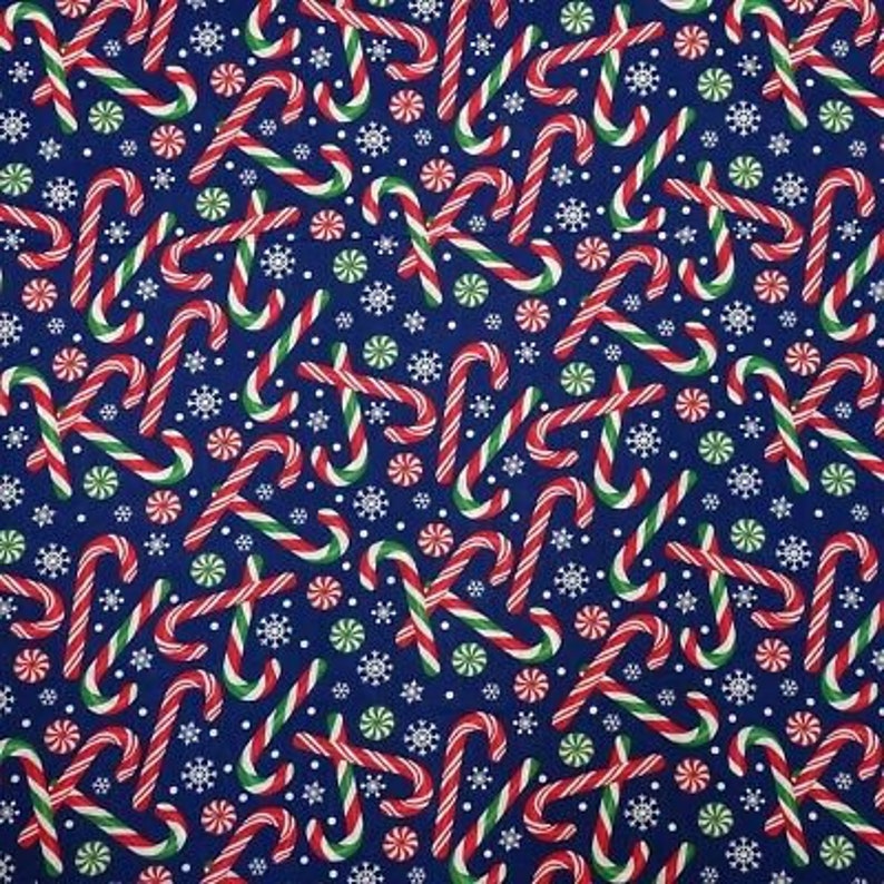 Christmas Fabric Red & Green Candy Cane Toss Blue Cotton Etsy