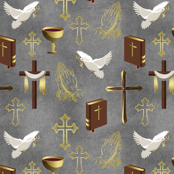 Religious Fabric | David Textiles Digital Power Prayer Cross Bible Gray | Yard