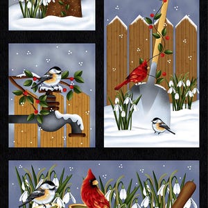 23&quot; Fabric Panel | Henry Glass Frozen in Time Chickadee Cardinal Christmas Block