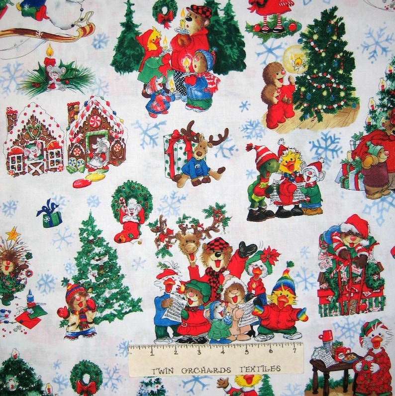 1 yard Santee Tossed Christmas Trees and Snowflakes on Red Fabric
