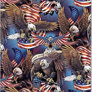 Patriotic Fabric - Digital Eagles & American Flags on Blue - David Textiles YARD