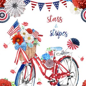 23" Fabric Panel | Timeless Treasures Stars Stripes Patriotic Floral Bicycle
