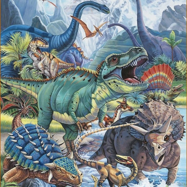 35" Fabric Panel - David Textiles Digitally Printed Dinotopia Dinosaur Wallhang