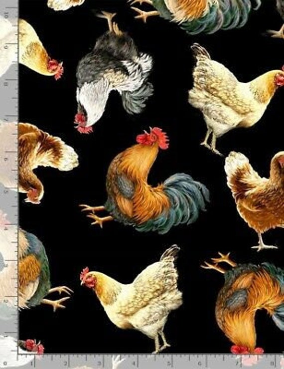 Chickens and roosters farm animals black cotton sewing Fabric by