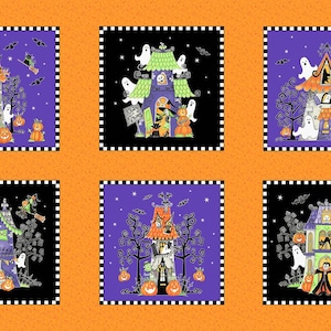 23&quot; Fabric Panel | Henry Glass Halloween Glow in Dark Ghost Haunted House Block